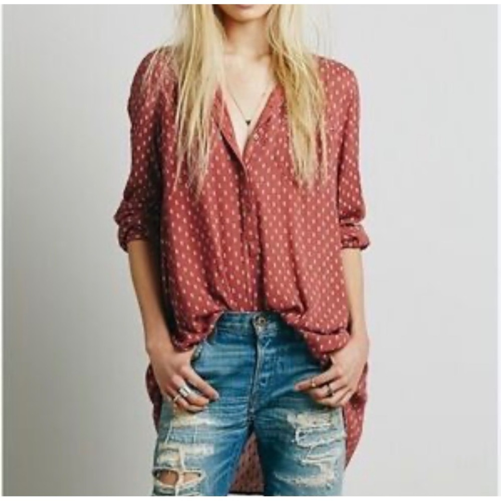 Free People Tunic Blouse Women XS Rust Geometric Floral High Low Button Down